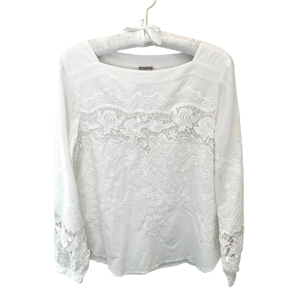 CHICO’S | White Romantic Embroidered Boho Blouse Top | Size 1 Medium